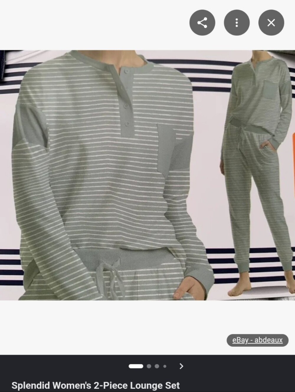 Splendid Sage Green and White Striped Henley Pajama Top